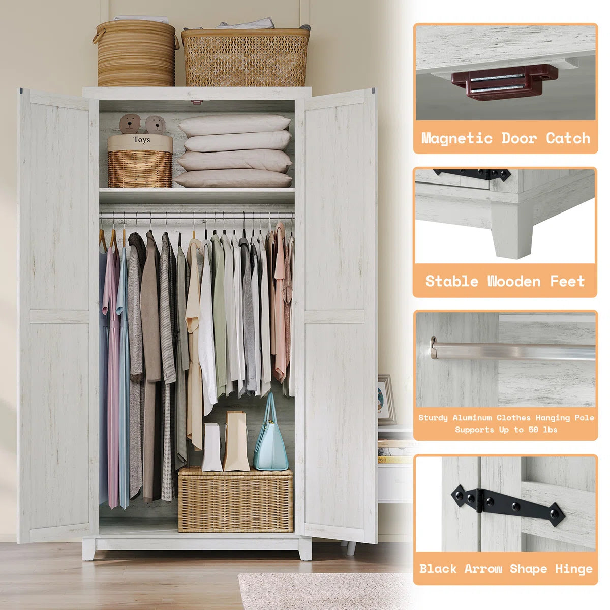 71'' Farmhouse Armoire, Wardrobe Closet Storage Cabinet With Shelf & Hanging Rod