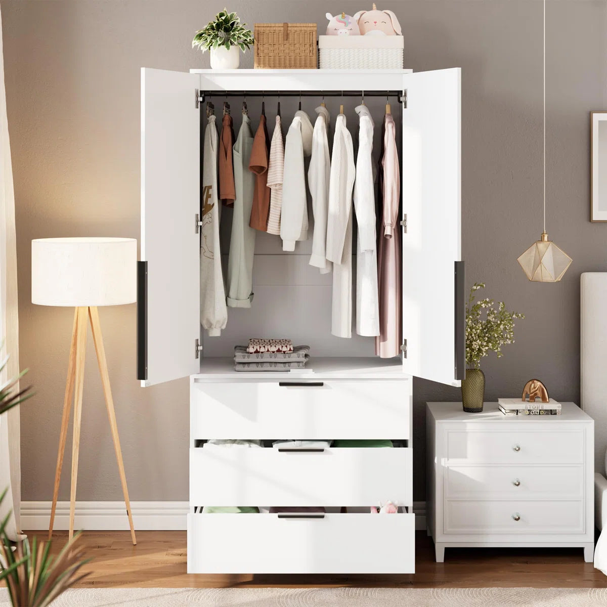 Armoire Wardrobe Closet, 69.5" Wooden Wardrobe Cabinet with 3 Drawers, Hanging Rod, 2 Doors Clothing Storage Cabinet for Bedroom, Large Capacity Storage, Rattan Door
