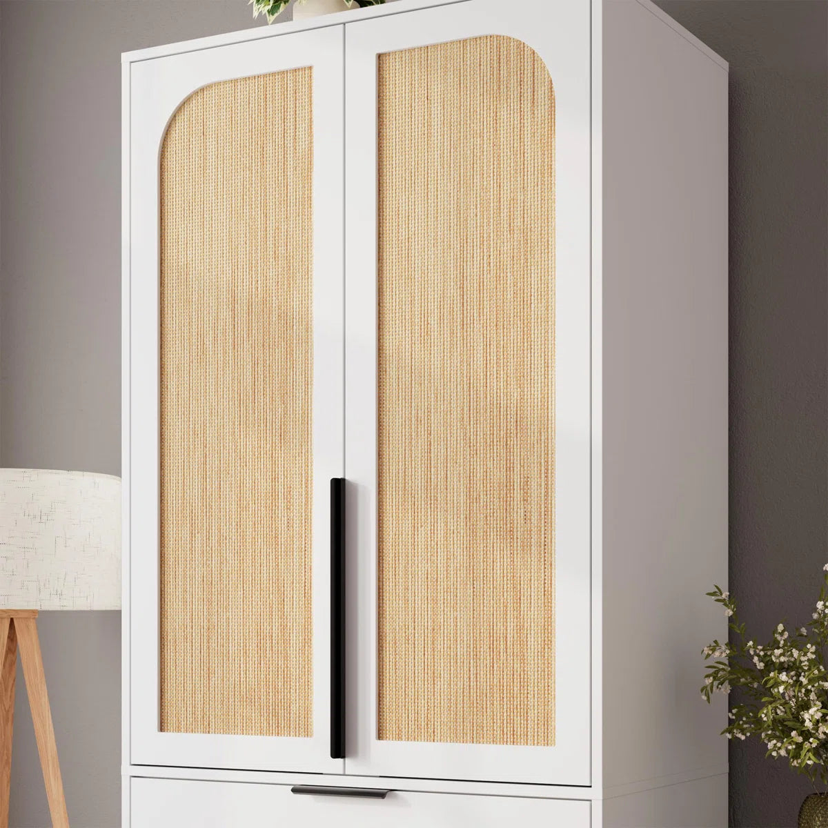 Armoire Wardrobe Closet, 69.5" Wooden Wardrobe Cabinet with 3 Drawers, Hanging Rod, 2 Doors Clothing Storage Cabinet for Bedroom, Large Capacity Storage, Rattan Door