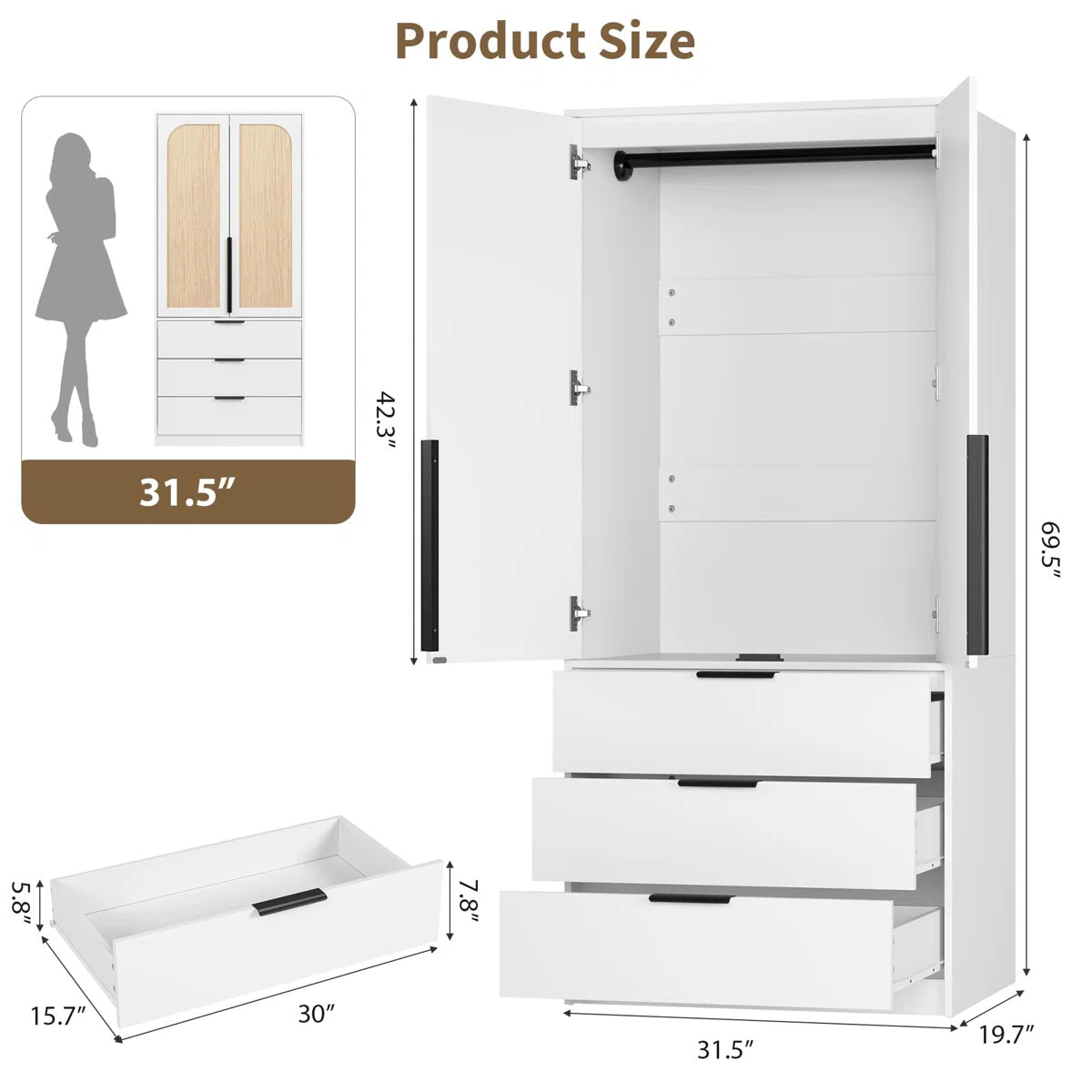 Armoire Wardrobe Closet, 69.5" Wooden Wardrobe Cabinet with 3 Drawers, Hanging Rod, 2 Doors Clothing Storage Cabinet for Bedroom, Large Capacity Storage, Rattan Door