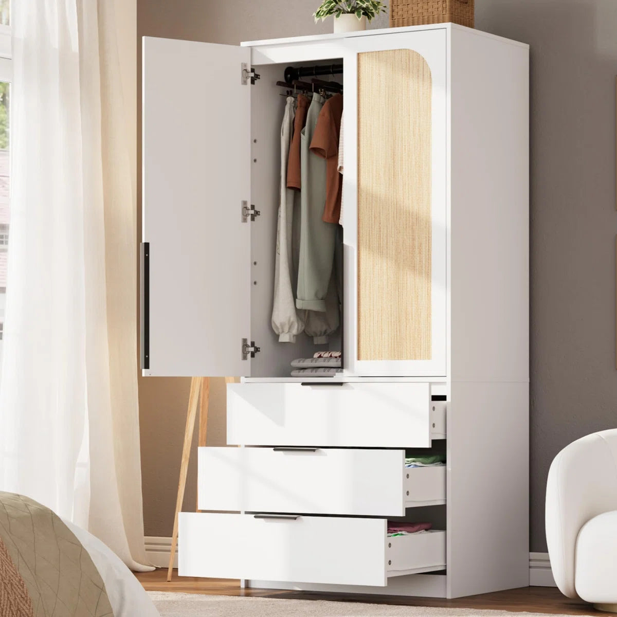 Armoire Wardrobe Closet, 69.5" Wooden Wardrobe Cabinet with 3 Drawers, Hanging Rod, 2 Doors Clothing Storage Cabinet for Bedroom, Large Capacity Storage, Rattan Door
