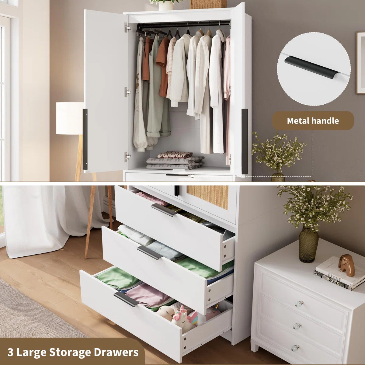 Armoire Wardrobe Closet, 69.5" Wooden Wardrobe Cabinet with 3 Drawers, Hanging Rod, 2 Doors Clothing Storage Cabinet for Bedroom, Large Capacity Storage, Rattan Door