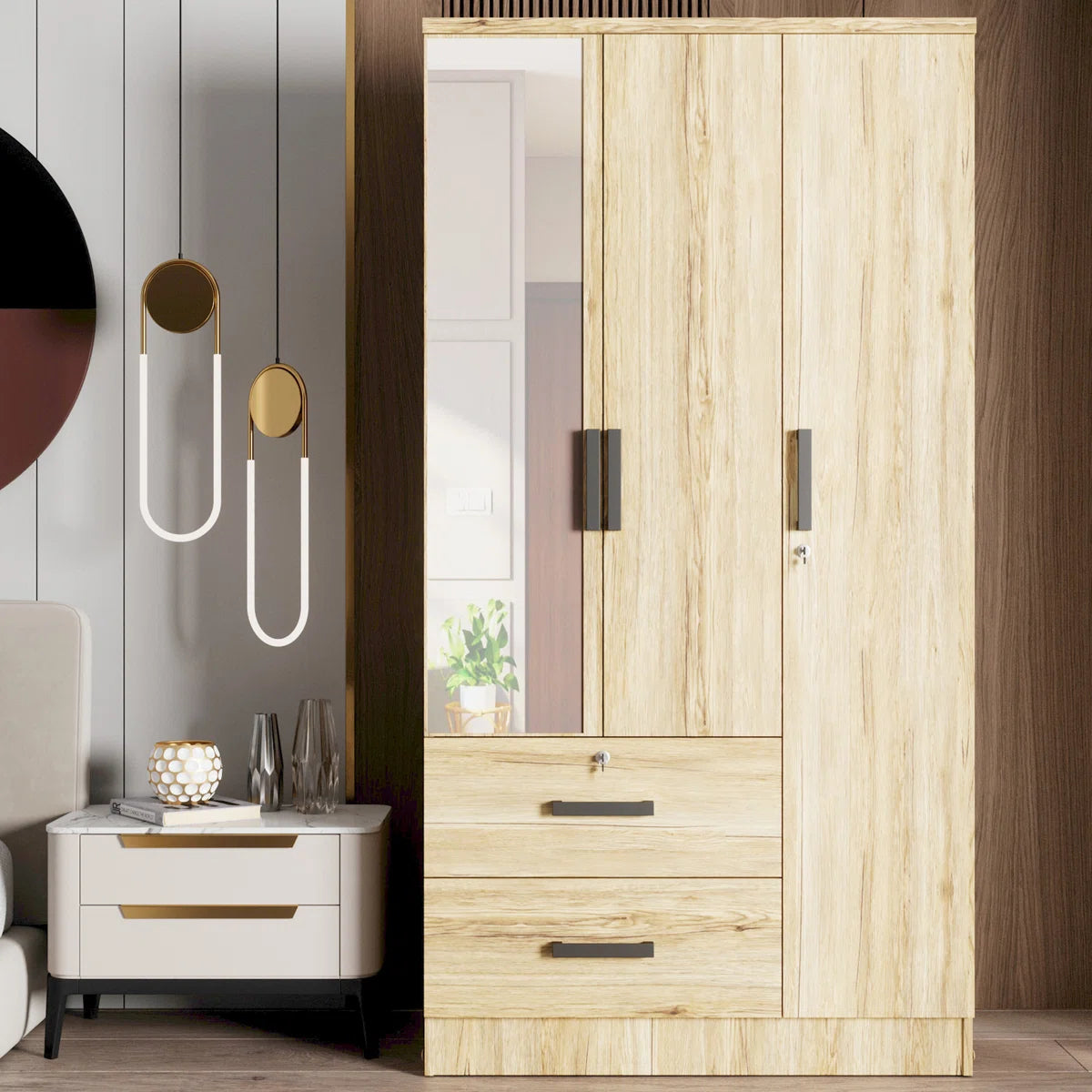 Wardrobe Armoire Closet With A Convenient Mirror On One Of The Doors & Two Drawers