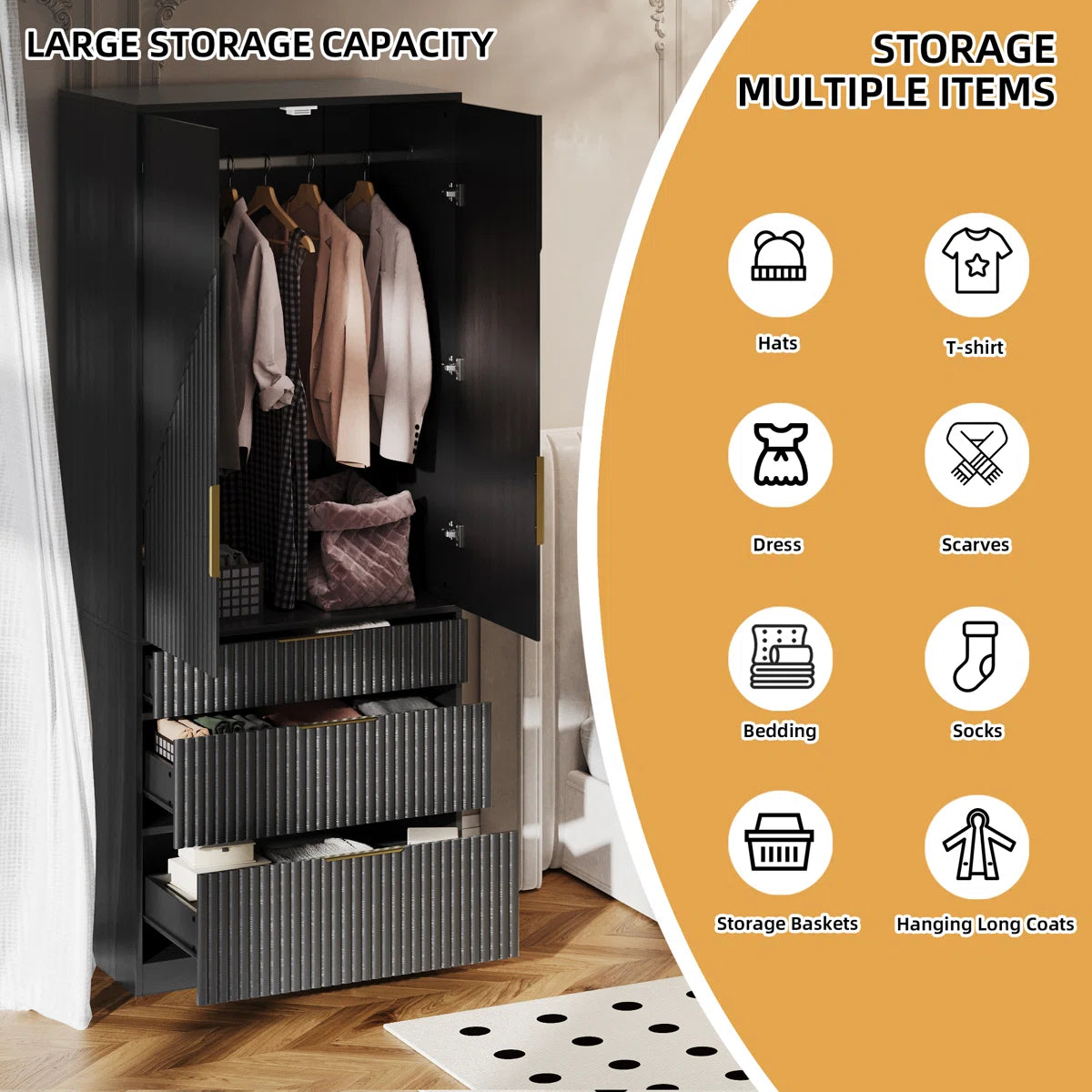 2 Doors Armoire Wardrobe With Three Large Drawers And Hidden Storage