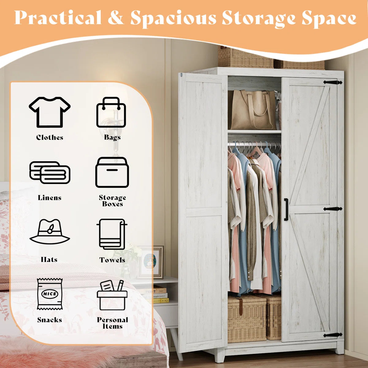 71'' Farmhouse Armoire, Wardrobe Closet Storage Cabinet With Shelf & Hanging Rod