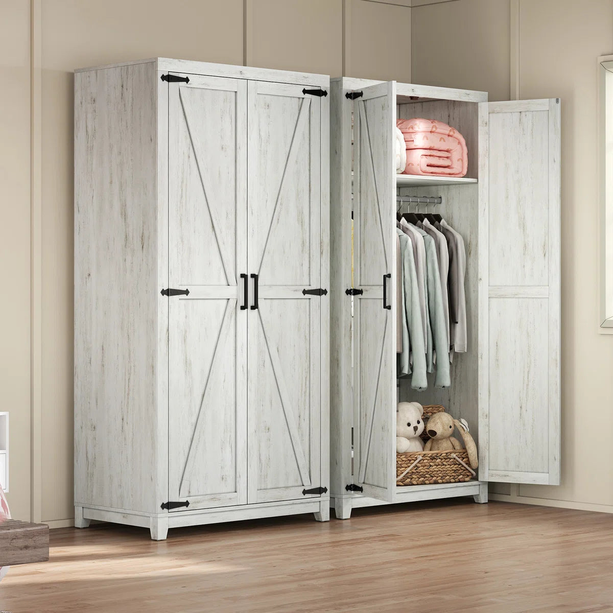71'' Farmhouse Armoire, Wardrobe Closet Storage Cabinet With Shelf & Hanging Rod