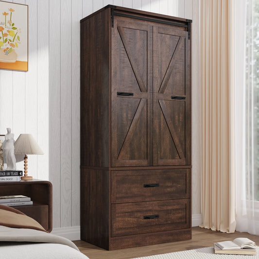 72.8"H Farmhouse Armoire Wardrobe Closet With Sensor Light And 2 Drawer, Folding Sliding Barn Door Armoire Cabinet With Hanging Rod For Bedroom