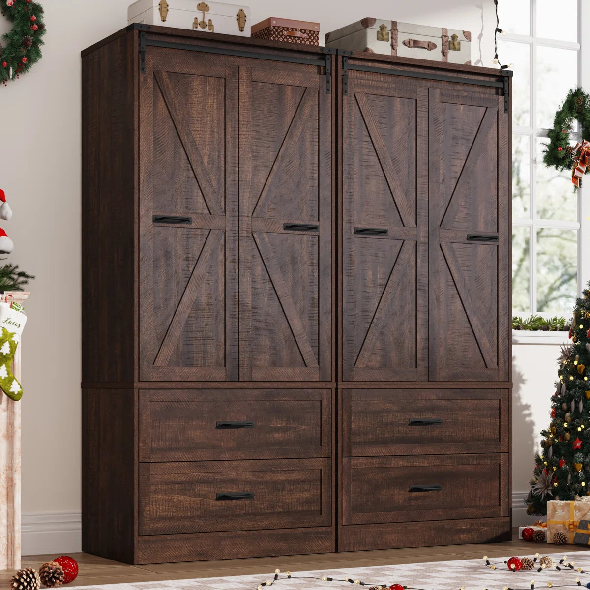 72.8"H Farmhouse Armoire Wardrobe Closet With Sensor Light And 2 Drawer, Folding Sliding Barn Door Armoire Cabinet With Hanging Rod For Bedroom