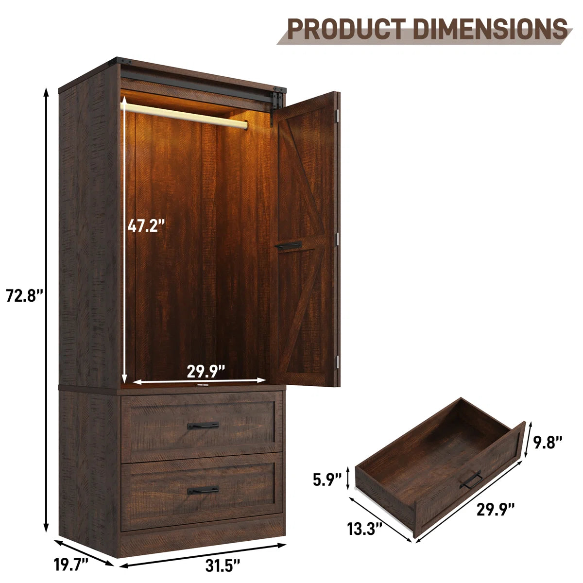 72.8"H Farmhouse Armoire Wardrobe Closet With Sensor Light And 2 Drawer, Folding Sliding Barn Door Armoire Cabinet With Hanging Rod For Bedroom