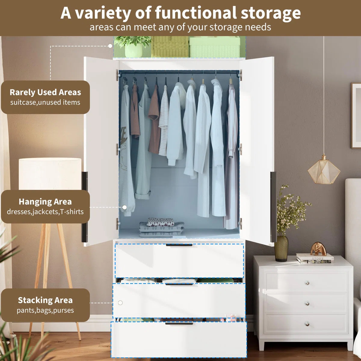 Armoire Wardrobe Closet, 69.5" Wooden Wardrobe Cabinet with 3 Drawers, Hanging Rod, 2 Doors Clothing Storage Cabinet for Bedroom, Large Capacity Storage, Rattan Door