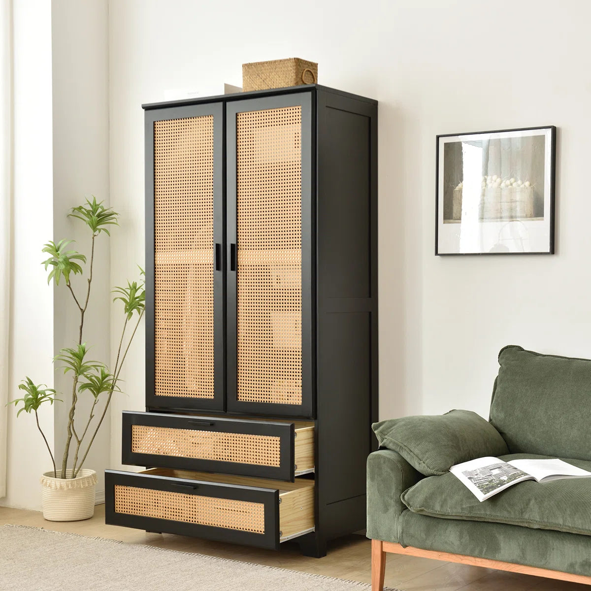 Solid Pine Wood Rattan Closet with 2 Drawers