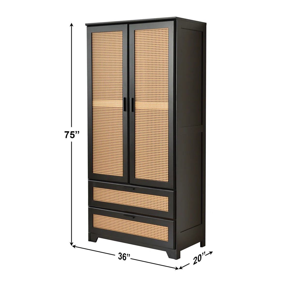 Solid Pine Wood Rattan Closet with 2 Drawers