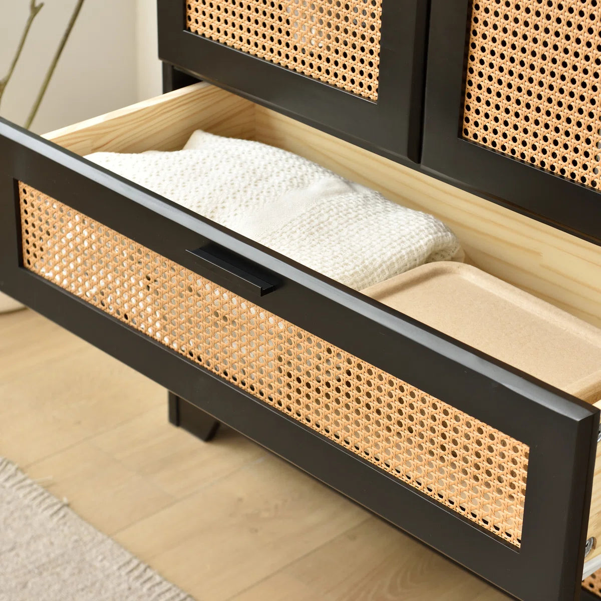 Solid Pine Wood Rattan Closet with 2 Drawers