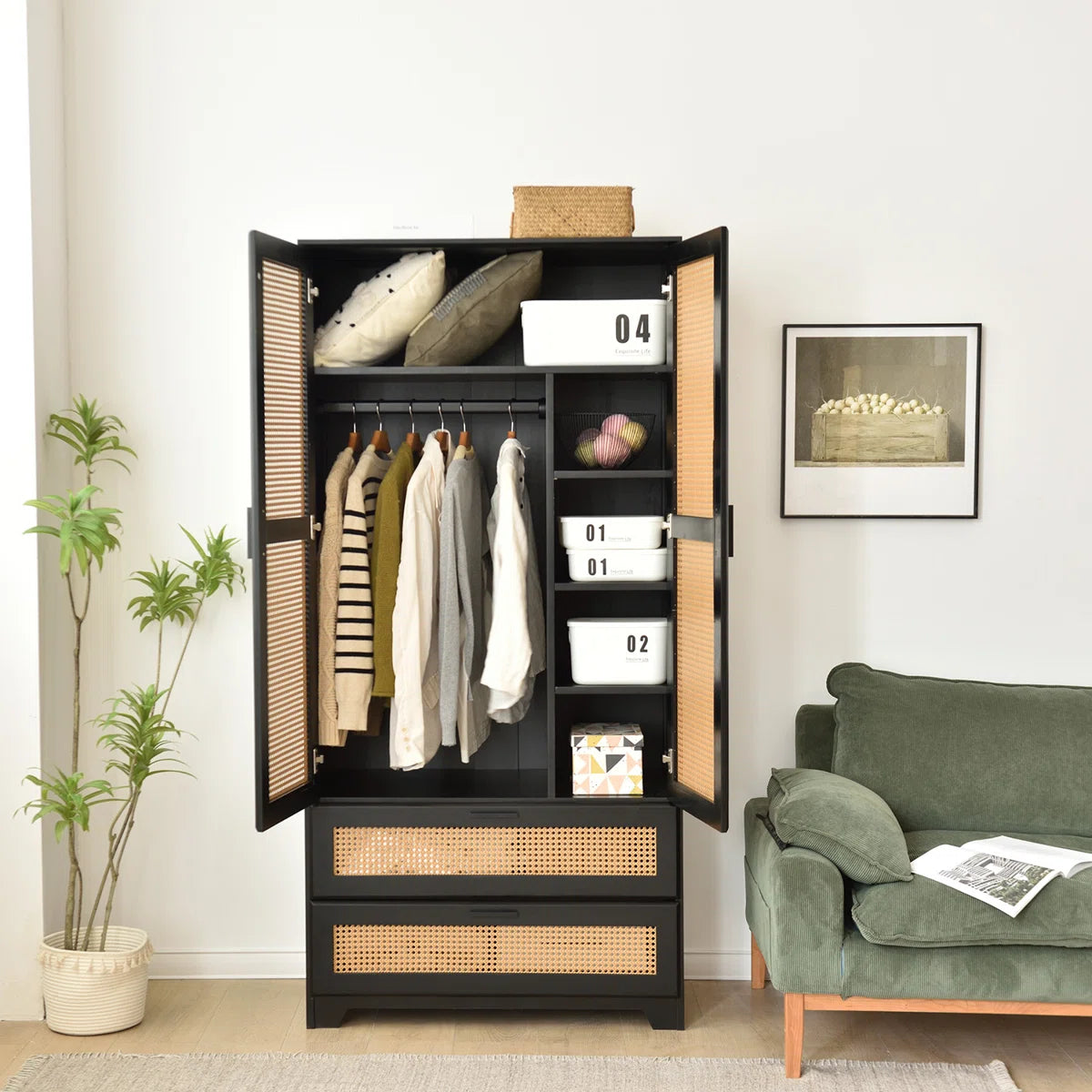 Solid Pine Wood Rattan Closet with 2 Drawers