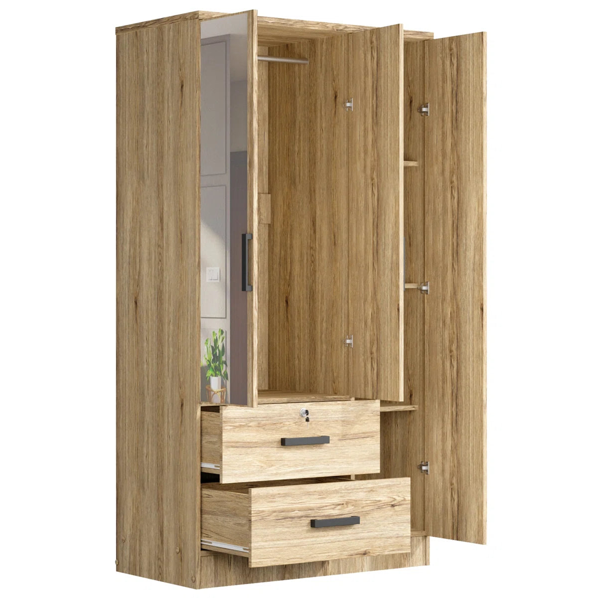 Wardrobe Armoire Closet With A Convenient Mirror On One Of The Doors & Two Drawers