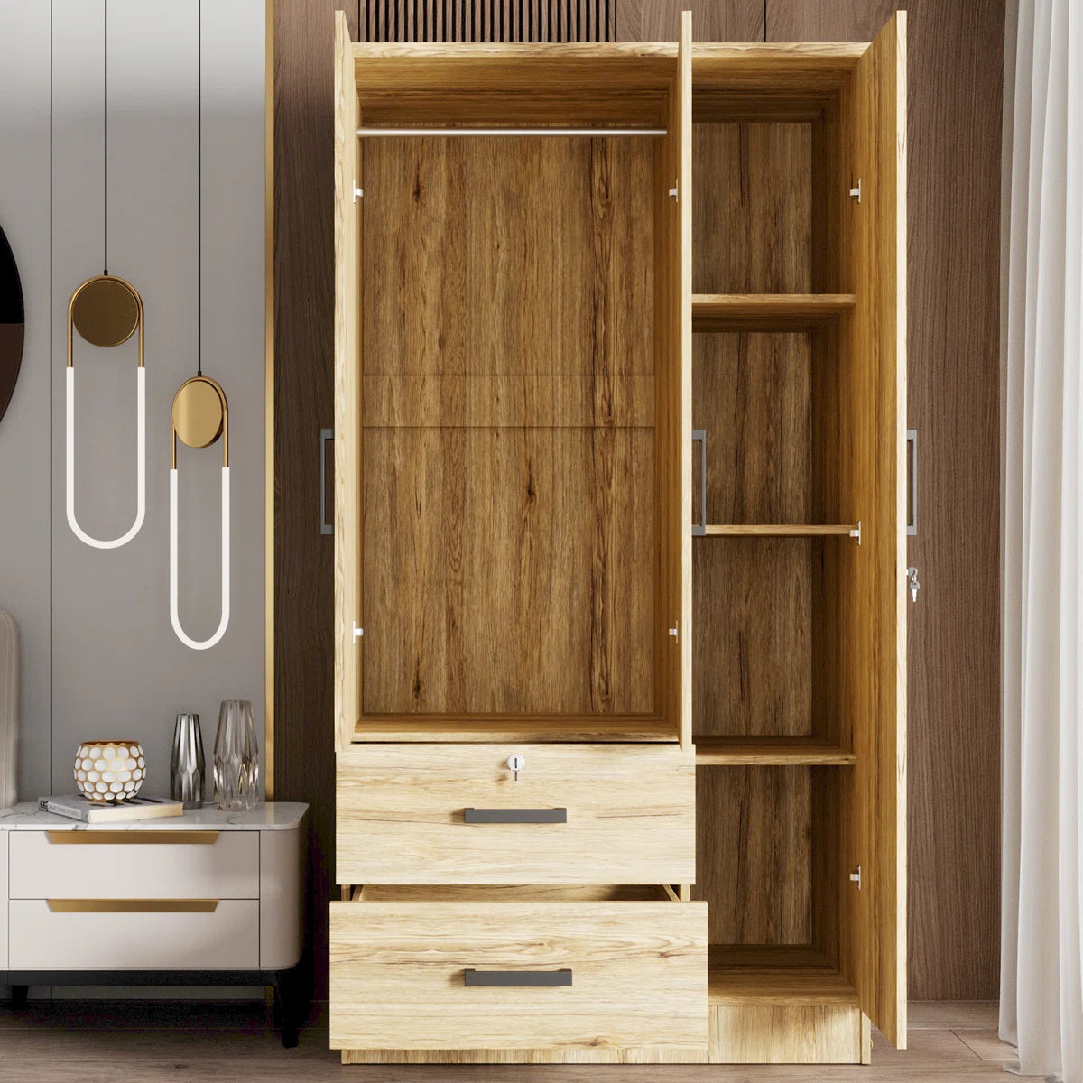 Wardrobe Armoire Closet With A Convenient Mirror On One Of The Doors & Two Drawers
