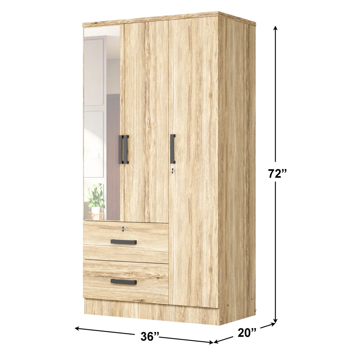 Wardrobe Armoire Closet With A Convenient Mirror On One Of The Doors & Two Drawers