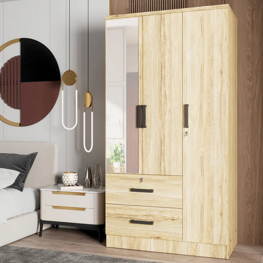 Wardrobe Armoire Closet With A Convenient Mirror On One Of The Doors & Two Drawers